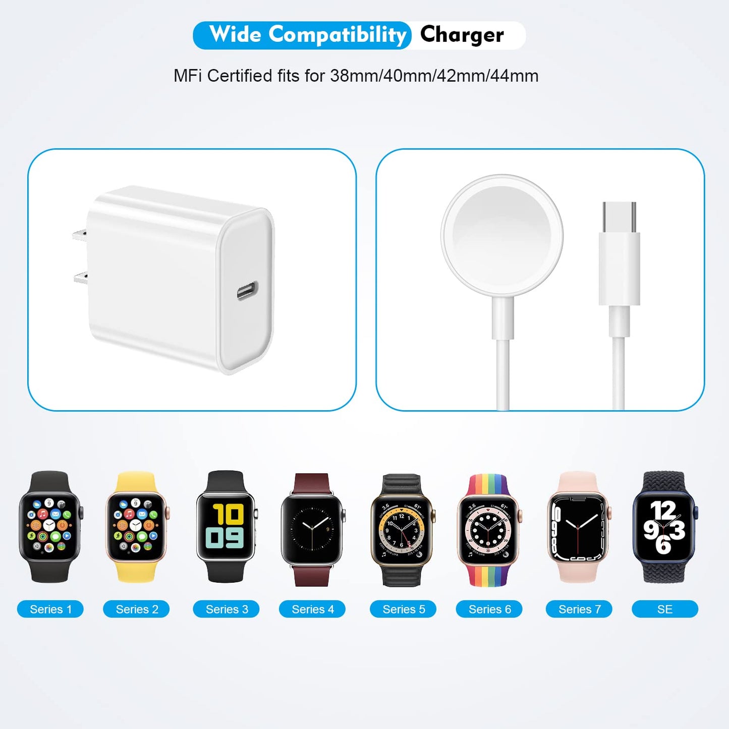 Upgraded Apple Watch Charger, Portable Fast Wireless Magnetic iWatch Charging Cable Cord with USB C Wall Charger Block Plug Adapter Compatible with Apple Watch Series 10,9,8,7,SE,6,5,4,3,2,1(1M/3.3FT)