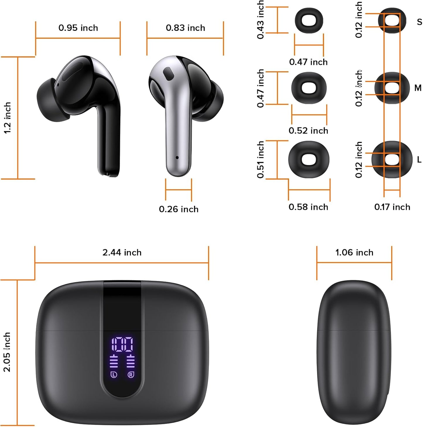 TAGRY Bluetooth Headphones True Wireless Earbuds 60H Playback LED Power Display Earphones with Wireless Charging Case IPX5 Waterproof in-Ear Ear buds with Mic for TV Smart Phone Laptop Computer Sports