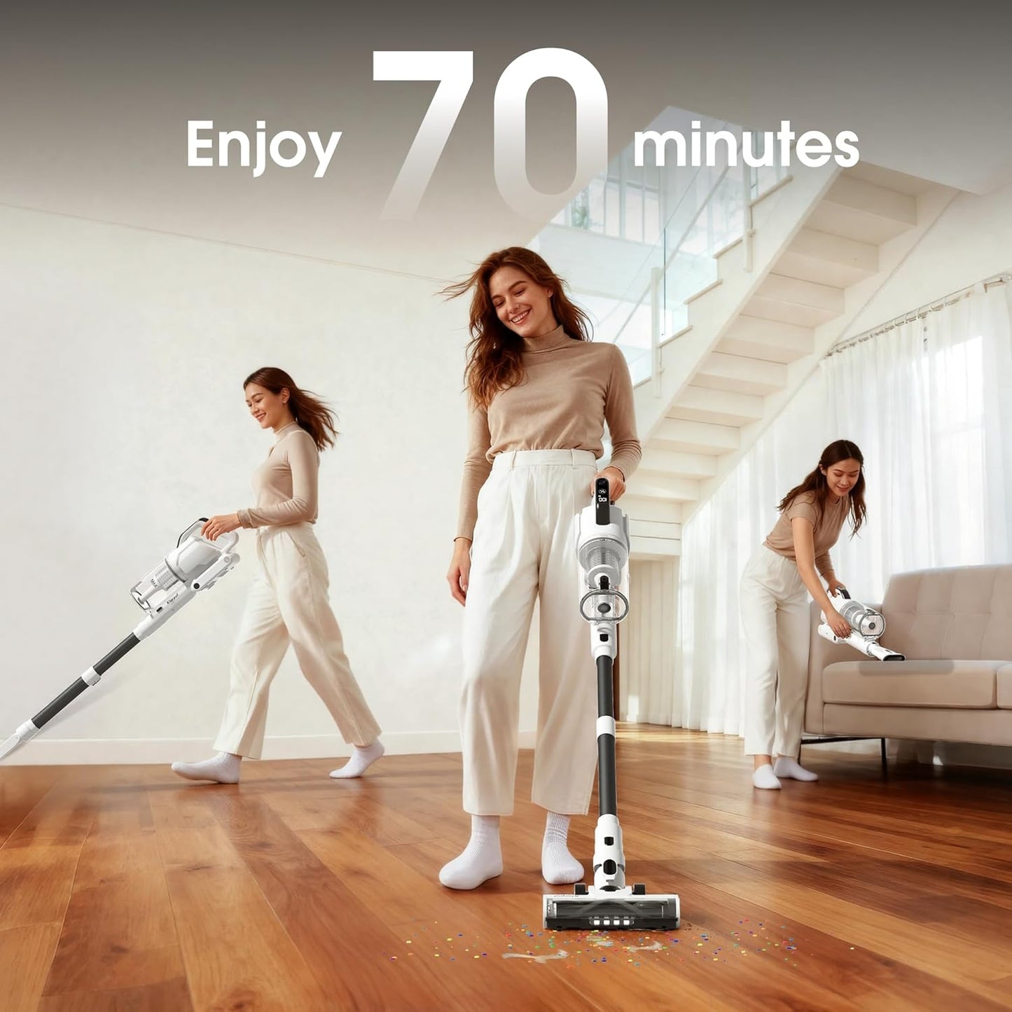Cordless Vacuum Cleaner, Upgraded 650W 55KPA 70Mins Runtime Fast Charging Self-Standing Vacuum Cleaners for Home, LED Light Touch Screen Vacuum Cleaner Light Weight,for Pet Hair/Floor, White