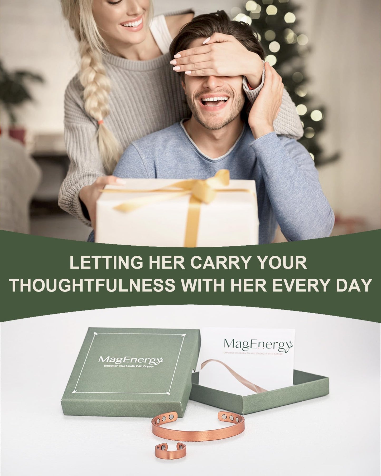 MagEnergy Copper Bracelet for Men and Women, 99.9% Pure Copper Magnetic Bangle with 8pcs 3500 Gauss Magnets, Adjustable Jewelry Gift