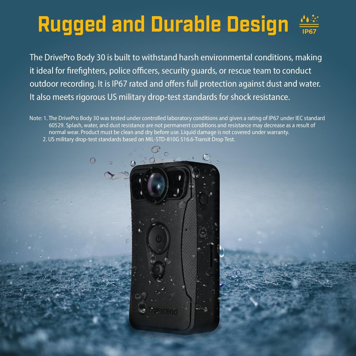 Transcend 64GB, DrivePro Body 30, Body Camera, Night Vision, Wi-FI & Bluetooth, IP67 Weatherproof, 1440P 2K QHD, 12-Hour Battery Life, Ideal for Law Enforcement & Security - TS64GDPB30A