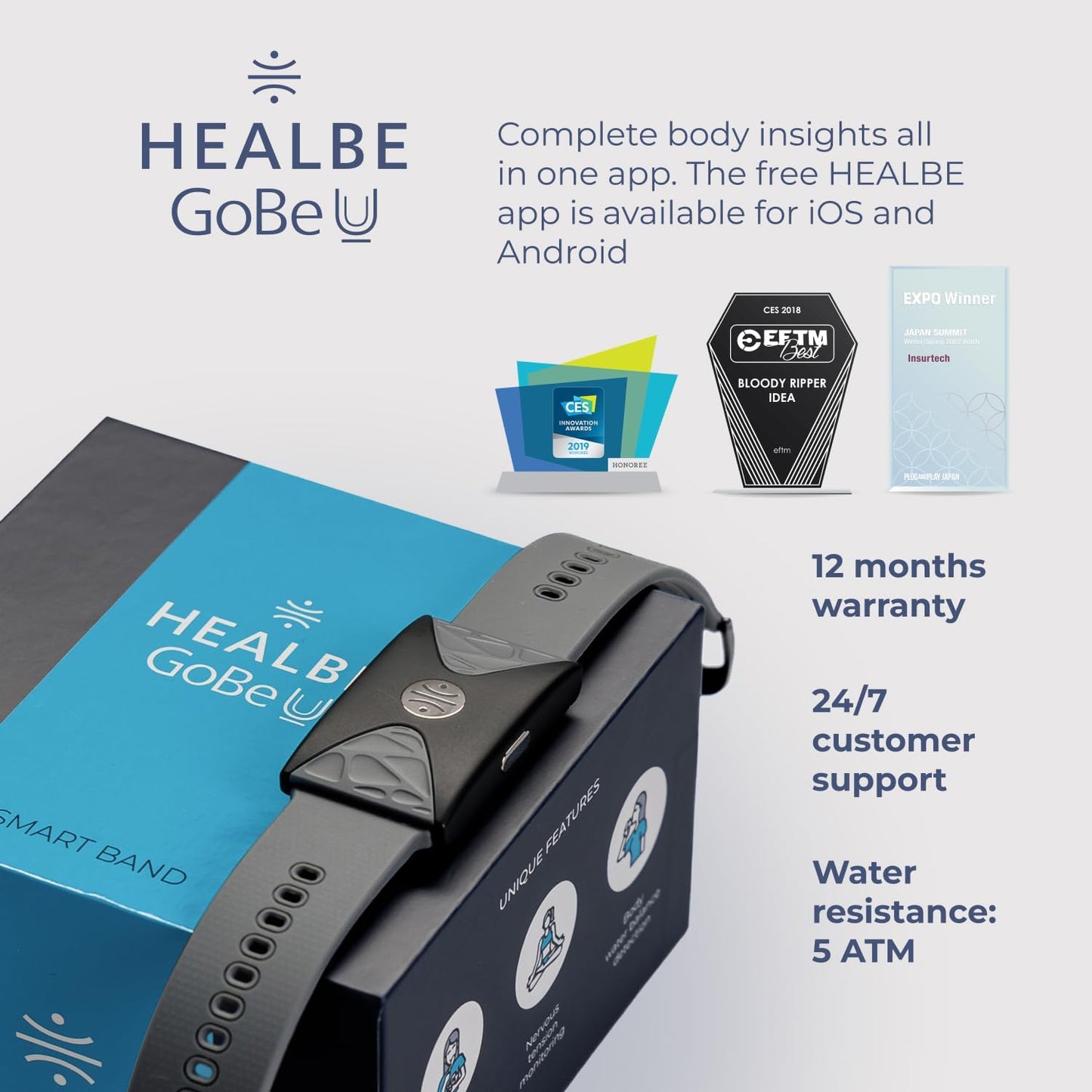 HEALBE GoBe U - Automatic Calorie Intake Smart Band, Energy Balance Insights, Hydration, Sleep, Stress, 24/7 Heart Rate, Neuroactivity, Free App, 5 ATM Waterproof - Grey