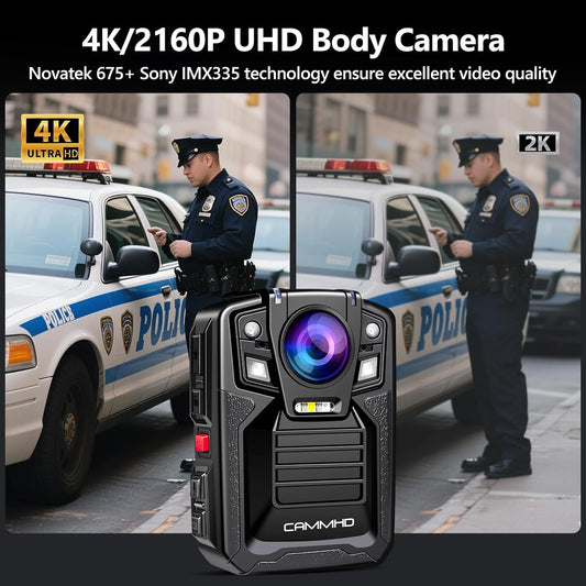 CAMMHD V8-128GB 4K Body Camera with Audio and Video Recording, 2160P Body Cam Two Battery 4400mAh Work 14H, H.265 Video Recorder, IP68 Waterproof, Night Vision Police Body Camera with Charging Dock