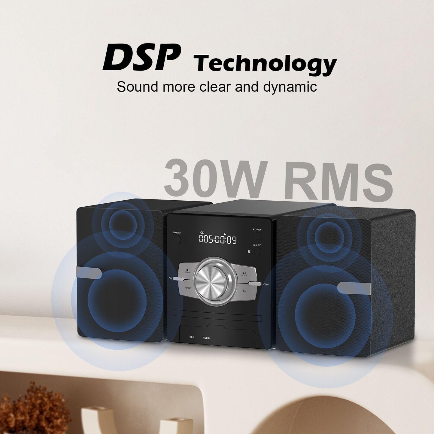 Home Stereo System with CD Player, FM Radio, Bluetooth, AUX in, USB in, Earphone Jack, Remote Control Included, 30W HiFi Shelf Stereo System