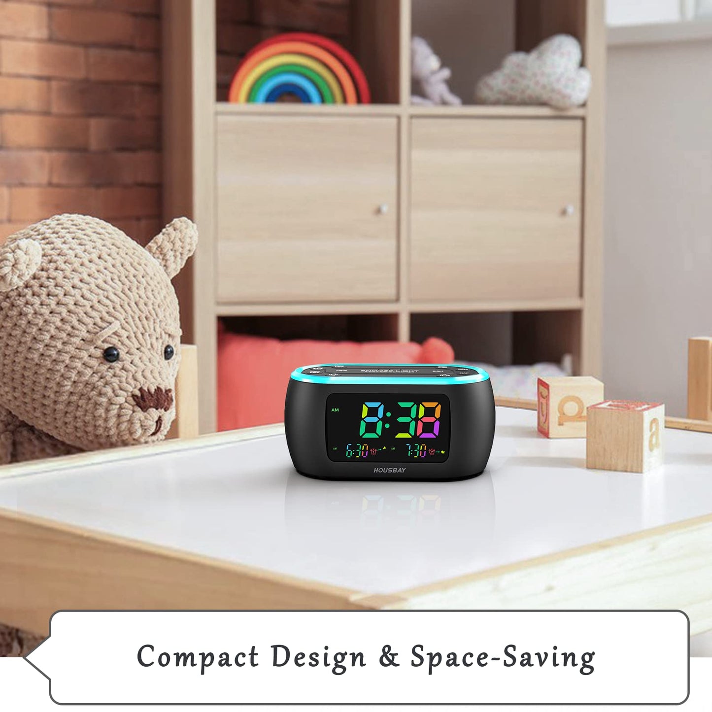 HOUSBAY Glow Small Alarm Clock Radio for Bedrooms with 7 Color Night Light, Dual Alarm, Dimmer, USB Charger, Battery Backup, Nap Timer, FM Radio with Auto-Off Timer for Bedside