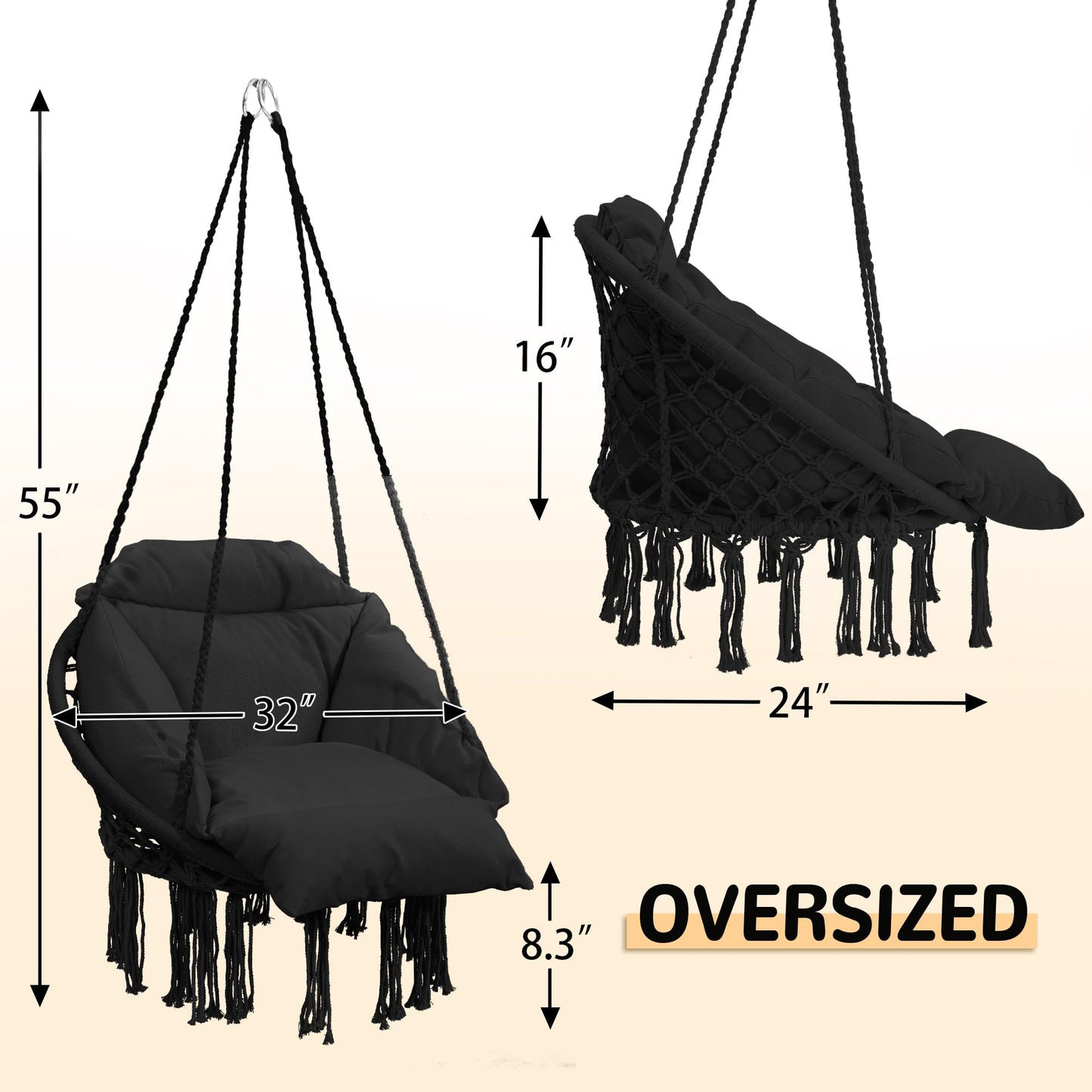 Macrame Hammock Hanging Swinging Chair with Medium Cushion, Perfect for Bedroom, Porch, Adults, Balcony, Beige