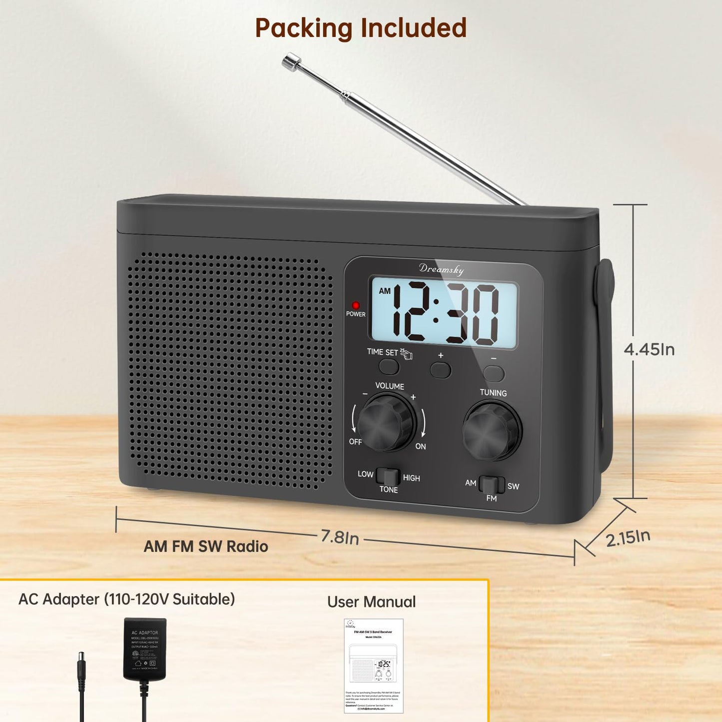 DreamSky AM FM Radio Portable - Shortwave Radio Battery Powered or Plug in Wall for Home Outdoor, Strong Reception, Large Dial Easy to Use, Digital Time Display, Transistor Antenna, Seniors Small Gift
