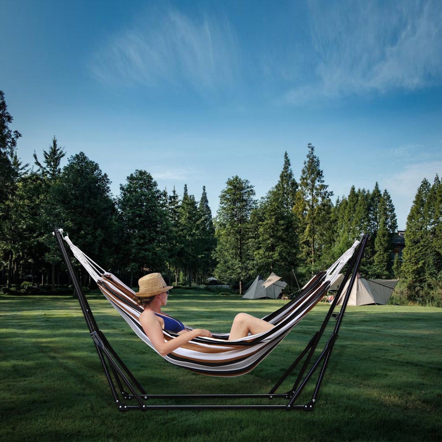 Hammock with Foldable Steel Stand,Frabic Tension Adjustable Indoor,Carrying Bag Included, 616 lbs Weight Capacity, Portable Suitable for Outside Garden Yard Outdoor Inhouse Cyan