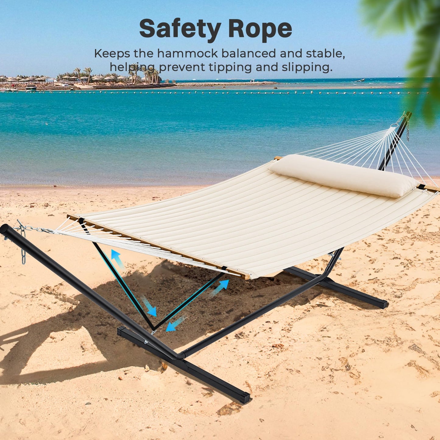 SUPERJARE Hammock with Stand, 2 Person Quilted Outdoor Hammock, Detachable Pillow & Bamboo Spreaders, Portable Hammock with Carrying Bag, Heavy Duty Stand, Perfect for Outside, Patio, Navy Blue