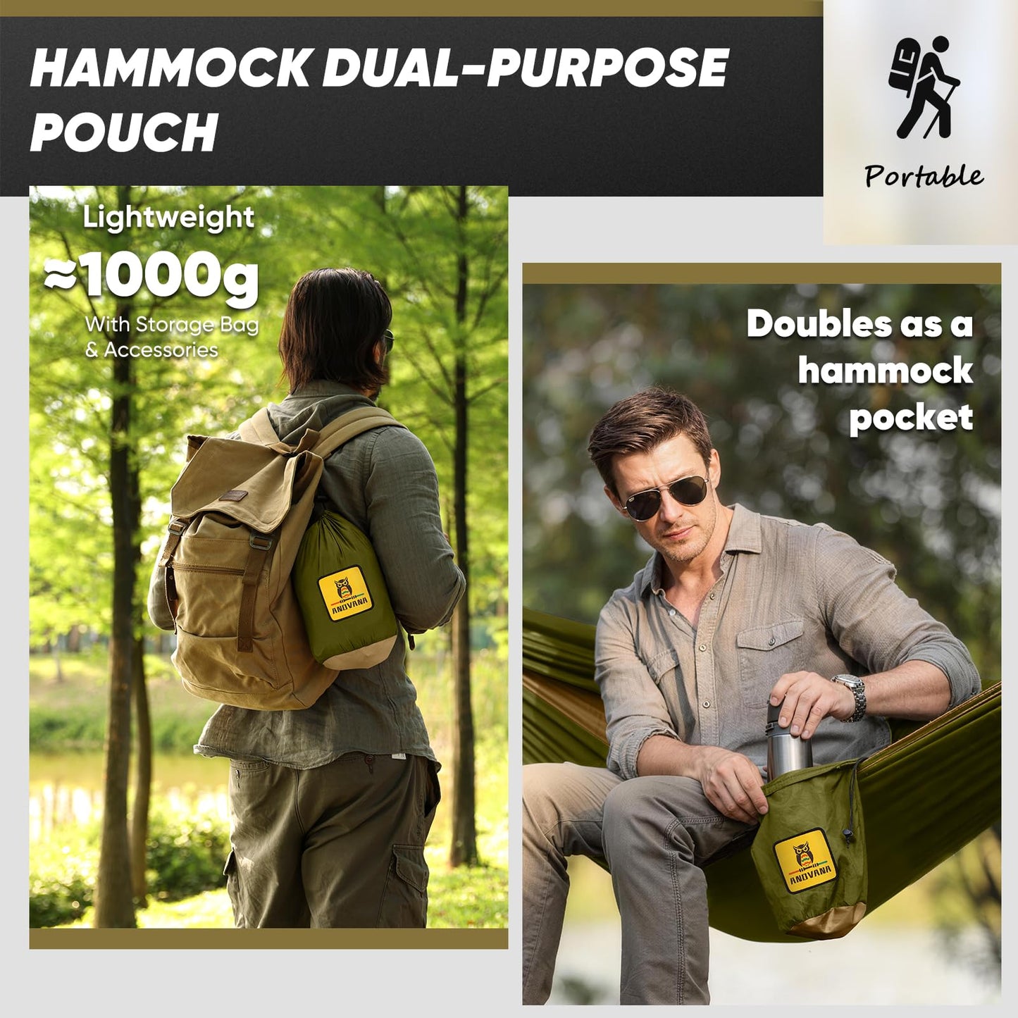 Camping Hammock with Mosquito Net, 600 lbs Portable Hammock with Tree Straps, 2-in-1 Double/Single Travel Hammock Tent for Outside/Indoor/Backpacking/Beach - Black & Grey