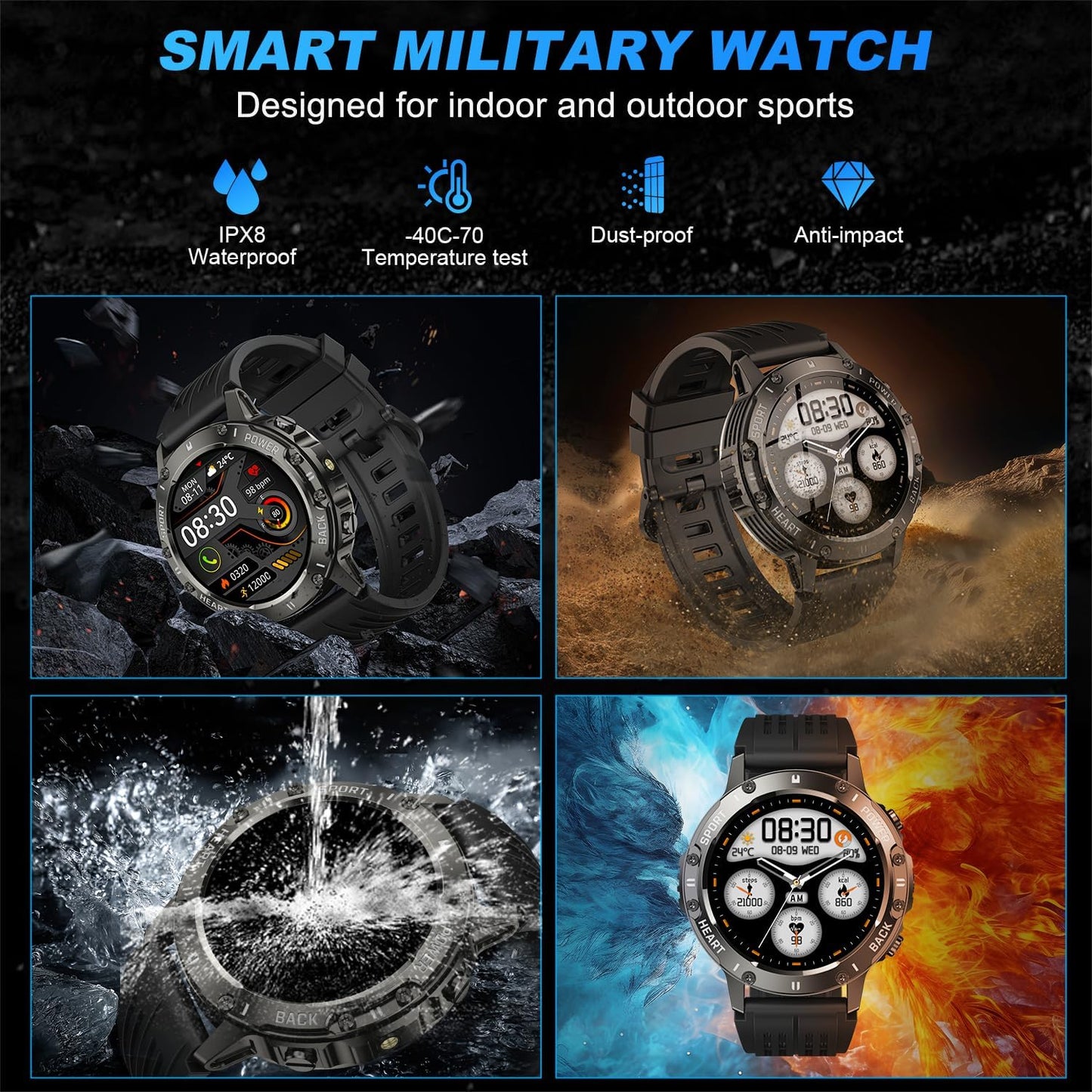 Smart Watch for Men Fitness Tracker: Military Make Answer Call Running Digital Mens Watches Waterproof Smartwatch Android Phone iPhone Samsung Compatible Sleep SpO2 Heart Rate Monitor Step Pedometer