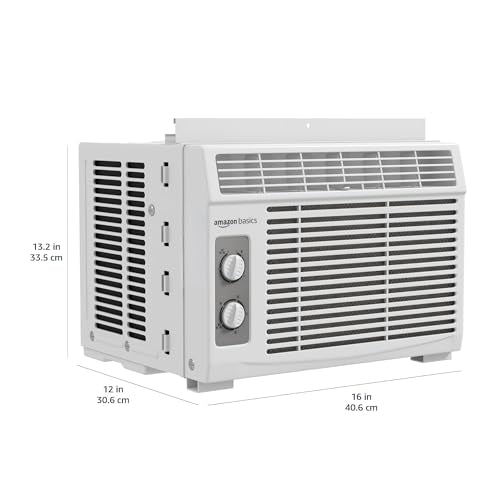 Amazon Basics 5000-BTU Window Air Conditioner with Quiet Operation, Up to 150 Sqf, Cool and Fan Functions, Washable Filter, Adjustable Window Kit, Intuitive Mechanical Controls, for Small Room, White