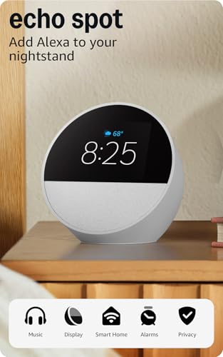 Amazon Echo Spot (newest model), Great for nightstands, offices and kitchens, Smart alarm clock, Designed for Alexa+, Black
