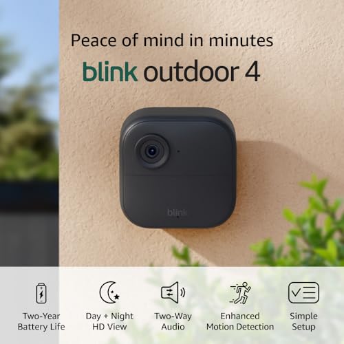 Blink Outdoor 4 – Wireless smart security camera, two-year battery life, 1080p HD day and infrared night live view, two-way talk. Sync Module Core included – 3 camera system