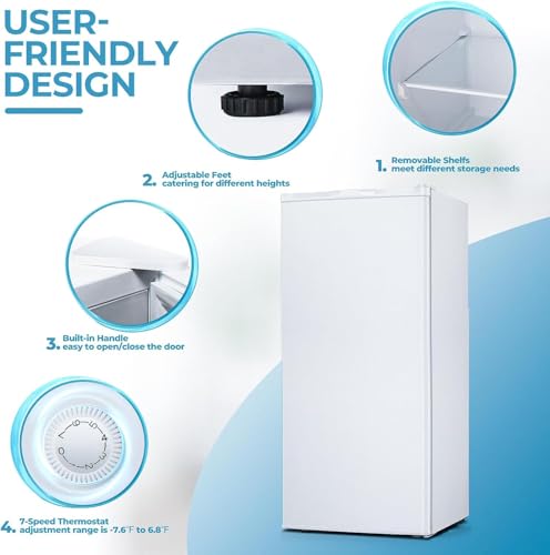 1.1 Cu.ft Upright Freezer, Small Mini Freezer with Adjustable Thermostat, Removable Shelves, Reversible Single Door, for Bedroom/Home/Dorms/Apartment, Silver