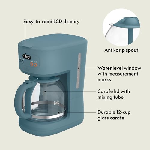 BELLA 12 Cup Programmable Coffee Marker, Reusable Dishwasher Safe Accessories, Easy LCD diaply, Auto Shutoff, 900 watt, Oatmilk