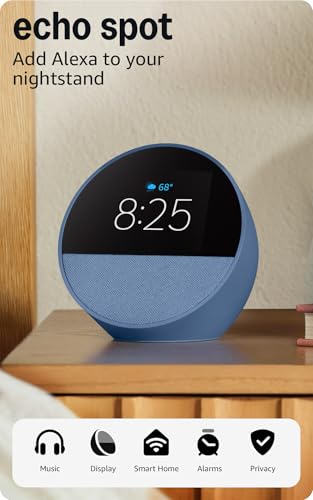 Amazon Echo Spot (newest model), Great for nightstands, offices and kitchens, Smart alarm clock, Designed for Alexa+, Black