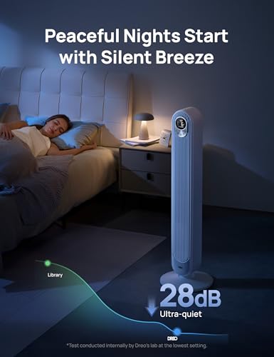DREO Tower Fan for Bedroom, 28 ft/s, 20dB Quiet Oscillating Bladeless Fan with Remote, 9 Speeds, 4 Modes, 12H Timer, LED Display, Standing Floor Fan Powerful for Indoor Home Office Room, 42 Inch