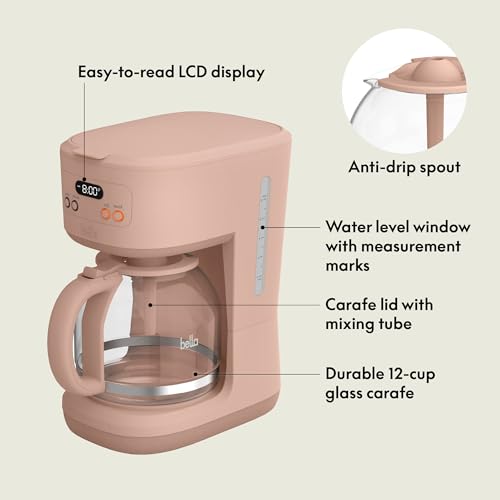 BELLA 12 Cup Programmable Coffee Marker, Reusable Dishwasher Safe Accessories, Easy LCD diaply, Auto Shutoff, 900 watt, Oatmilk