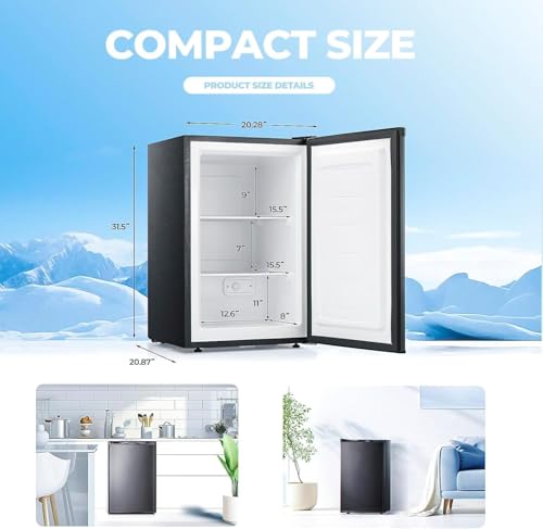1.1 Cu.ft Upright Freezer, Small Mini Freezer with Adjustable Thermostat, Removable Shelves, Reversible Single Door, for Bedroom/Home/Dorms/Apartment, Silver