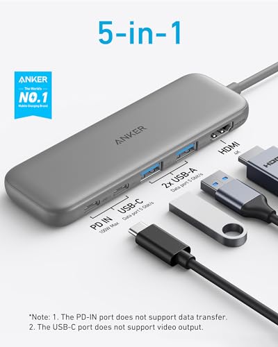 Anker USB C Hub, 5-in-1 USBC to HDMI Splitter with 4K Display, 1 x Powered USB-C 5Gbps & 2×Powered USB-A 3.0 5Gbps Data Ports for MacBook Pro, MacBook Air, Dell and More