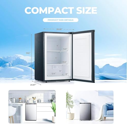 1.1 Cu.ft Upright Freezer, Small Mini Freezer with Adjustable Thermostat, Removable Shelves, Reversible Single Door, for Bedroom/Home/Dorms/Apartment, Silver
