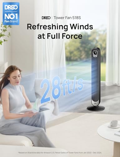 DREO Tower Fan for Bedroom, 28 ft/s, 20dB Quiet Oscillating Bladeless Fan with Remote, 9 Speeds, 4 Modes, 12H Timer, LED Display, Standing Floor Fan Powerful for Indoor Home Office Room, 42 Inch