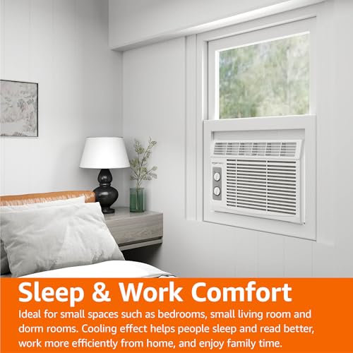 Amazon Basics 5000-BTU Window Air Conditioner with Quiet Operation, Up to 150 Sqf, Cool and Fan Functions, Washable Filter, Adjustable Window Kit, Intuitive Mechanical Controls, for Small Room, White
