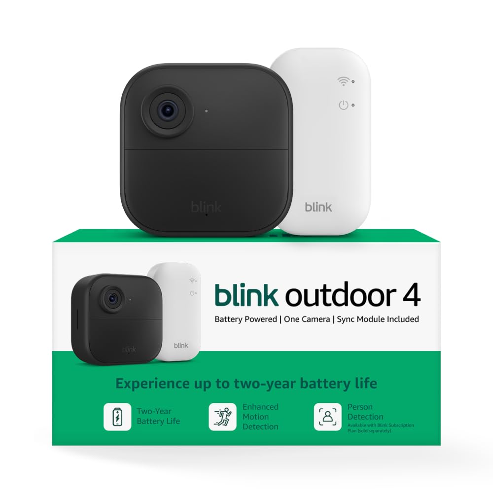 Blink Outdoor 4 – Wireless smart security camera, two-year battery life, 1080p HD day and infrared night live view, two-way talk. Sync Module Core included – 3 camera system