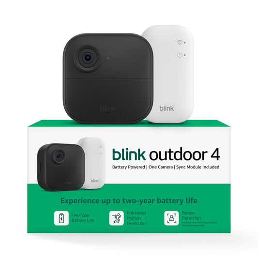 Blink Outdoor 4 – Wireless smart security camera, two-year battery life, 1080p HD day and infrared night live view, two-way talk. Sync Module Core included – 3 camera system