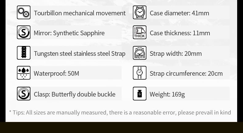 OUPINKE Men Skeleton Watch Automatic Mechanical Luxury Dress Waterproof Tourbillion Sapphire Crystal Wrist Watches for Men