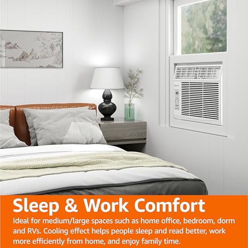 Amazon Basics 5000-BTU Window Air Conditioner with Quiet Operation, Up to 150 Sqf, Cool and Fan Functions, Washable Filter, Adjustable Window Kit, Intuitive Mechanical Controls, for Small Room, White