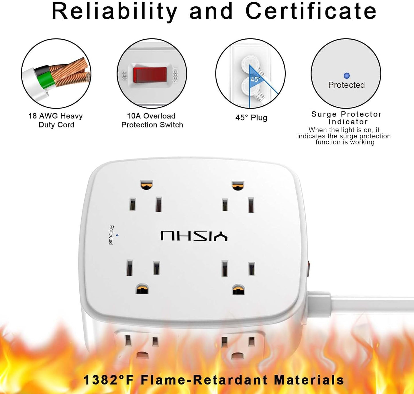 6 Ft Surge Protector Power Strip - 8 Widely Outlets with 4 USB Ports, 3 Side Outlet Extender with 6 Feet Extension Cord, Flat Plug, Wall Mount, Desk USB Charging Station, ETL,White