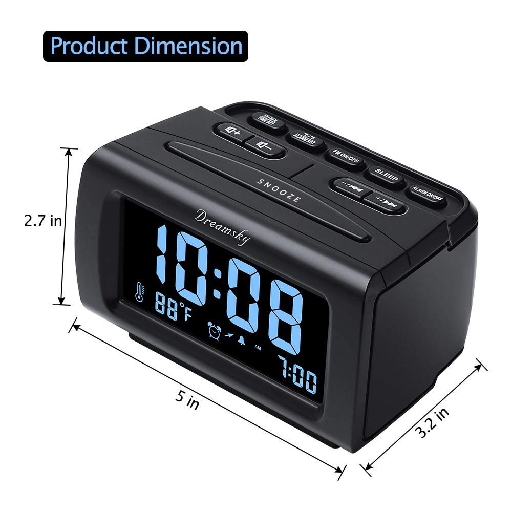 DreamSky Alarm Clock Radios for Bedrooms with Battery Backup, Large Big Numbers with Dimmer Wheel, USB Port, Bedside Digital FM Radio with Sleep Timer, Temperature, Adjustable Volume, Snooze