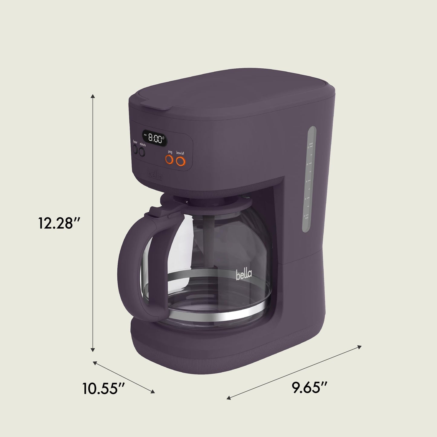 BELLA 12 Cup Programmable Coffee Marker, Reusable Dishwasher Safe Accessories, Easy LCD diaply, Auto Shutoff, 900 watt, Oatmilk