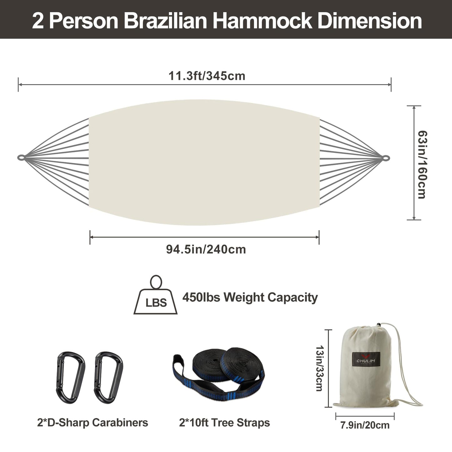 Brazilian Double Hammock with Tree Straps,Extra Large 94x63IN,2 Persons Hammock for Backyard Patio Outdoor Indoor,450lbs Weight Capacity,Soft Woven Cotton Fabric - Natrual White with Tassels