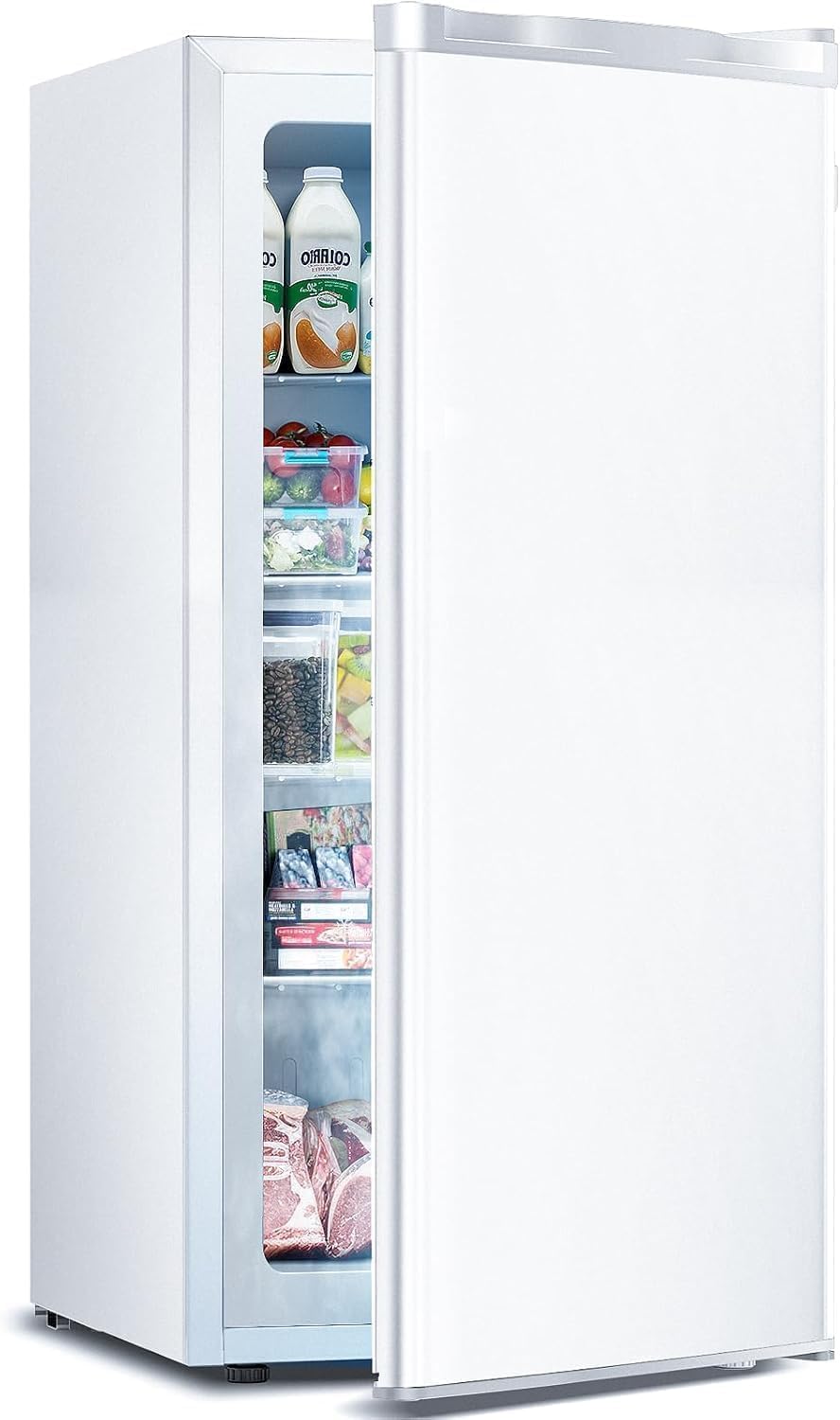1.1 Cu.ft Upright Freezer, Small Mini Freezer with Adjustable Thermostat, Removable Shelves, Reversible Single Door, for Bedroom/Home/Dorms/Apartment, Silver
