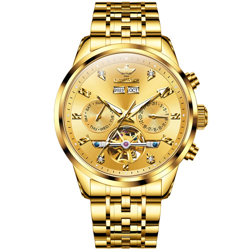 OUPINKE Men Skeleton Watch Automatic Mechanical Luxury Dress Waterproof Tourbillion Sapphire Crystal Wrist Watches for Men