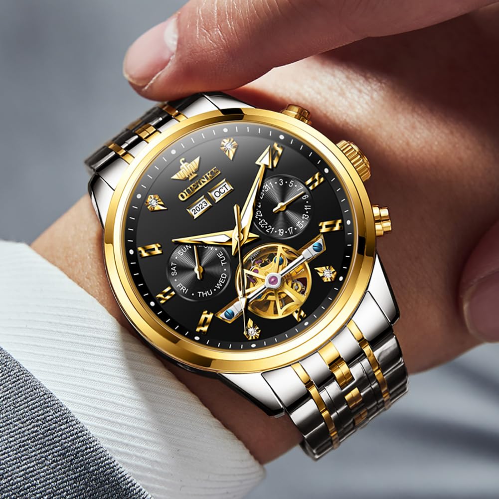 OUPINKE Men Skeleton Watch Automatic Mechanical Luxury Dress Waterproof Tourbillion Sapphire Crystal Wrist Watches for Men