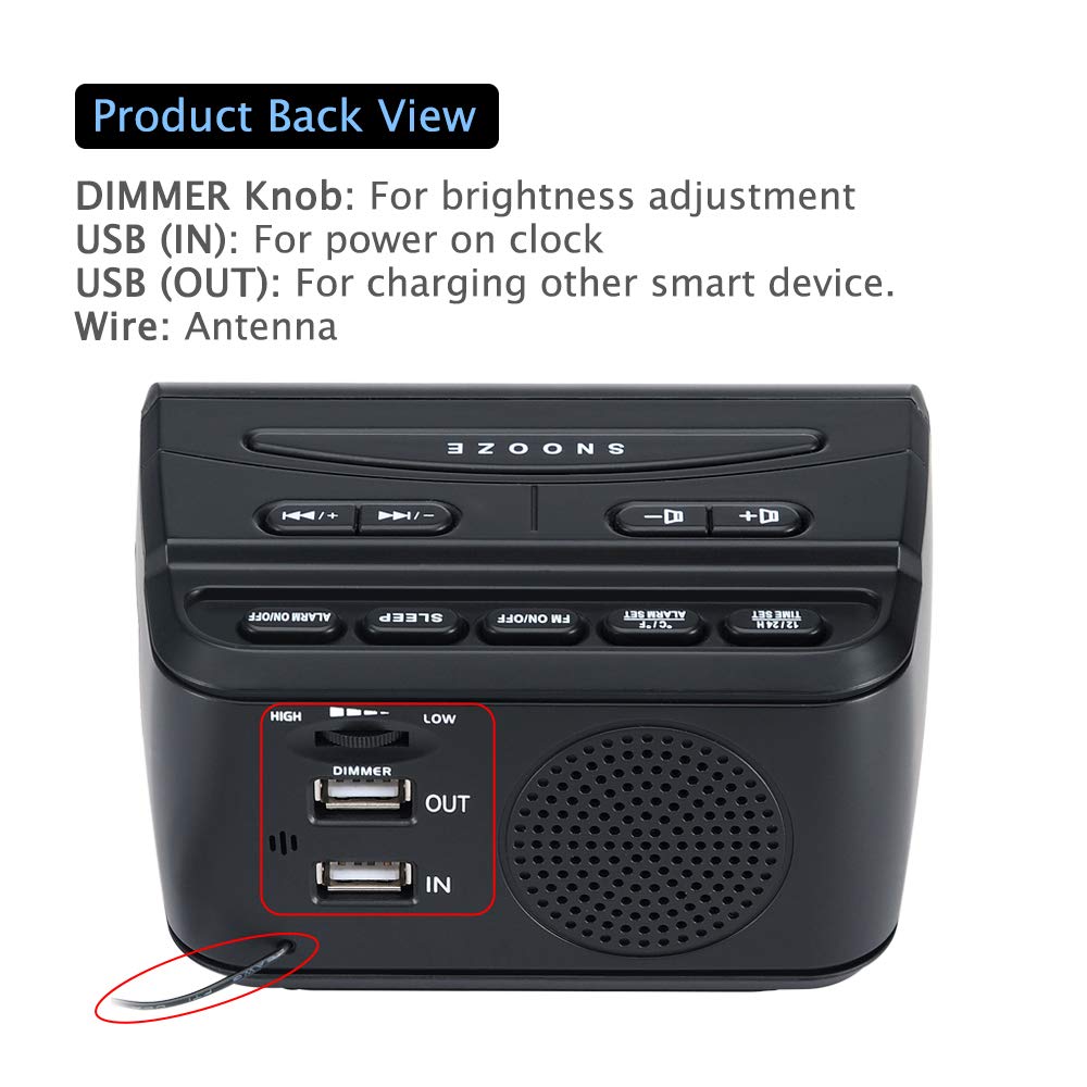 DreamSky Alarm Clock Radios for Bedrooms with Battery Backup, Large Big Numbers with Dimmer Wheel, USB Port, Bedside Digital FM Radio with Sleep Timer, Temperature, Adjustable Volume, Snooze