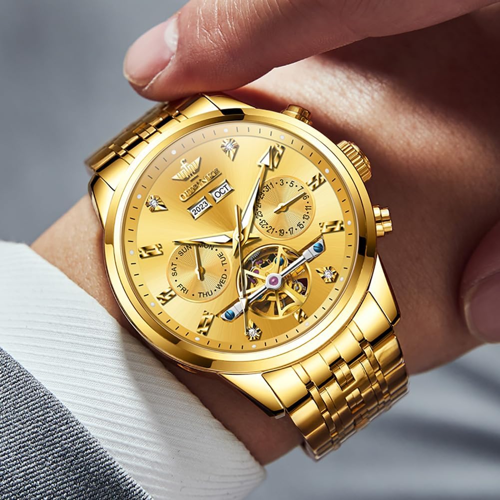 OUPINKE Men Skeleton Watch Automatic Mechanical Luxury Dress Waterproof Tourbillion Sapphire Crystal Wrist Watches for Men