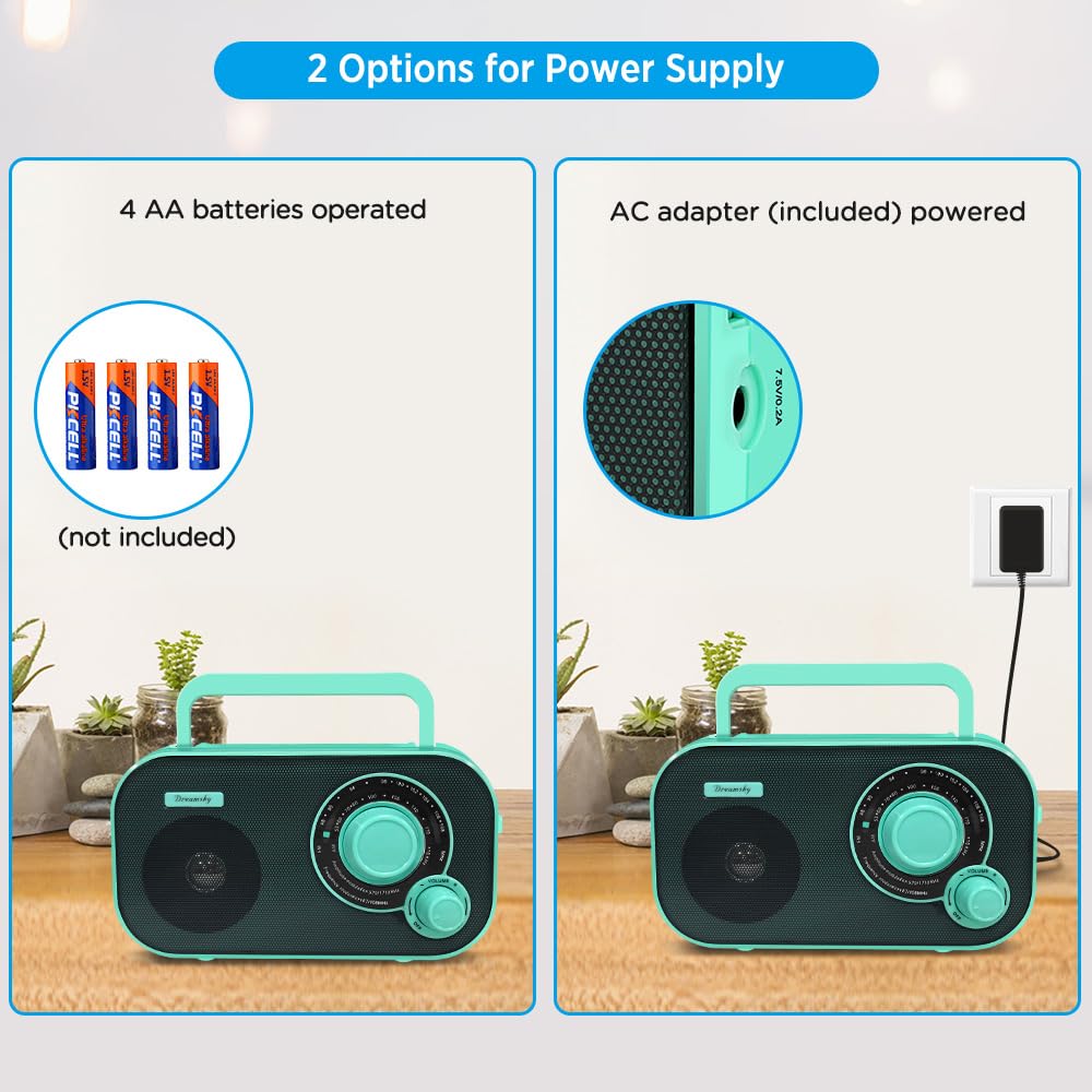 DreamSky AM FM Portable Radio Plug In Wall or Battery Operated for Home & Outdoor, Strong Reception & Sound, Large Dial Easy to Use, Transistor Antenna, Headphone Jack, Small Gifts for Seniors Elderly