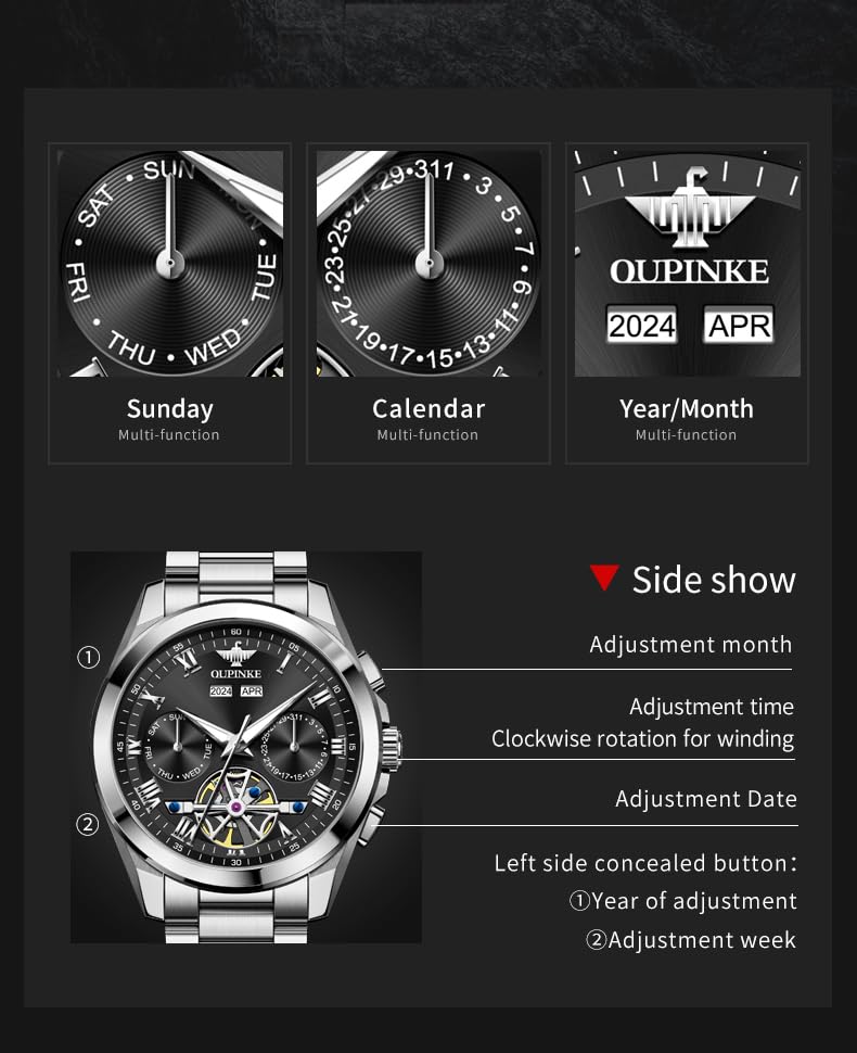 OUPINKE Men Skeleton Watch Automatic Mechanical Luxury Dress Waterproof Tourbillion Sapphire Crystal Wrist Watches for Men