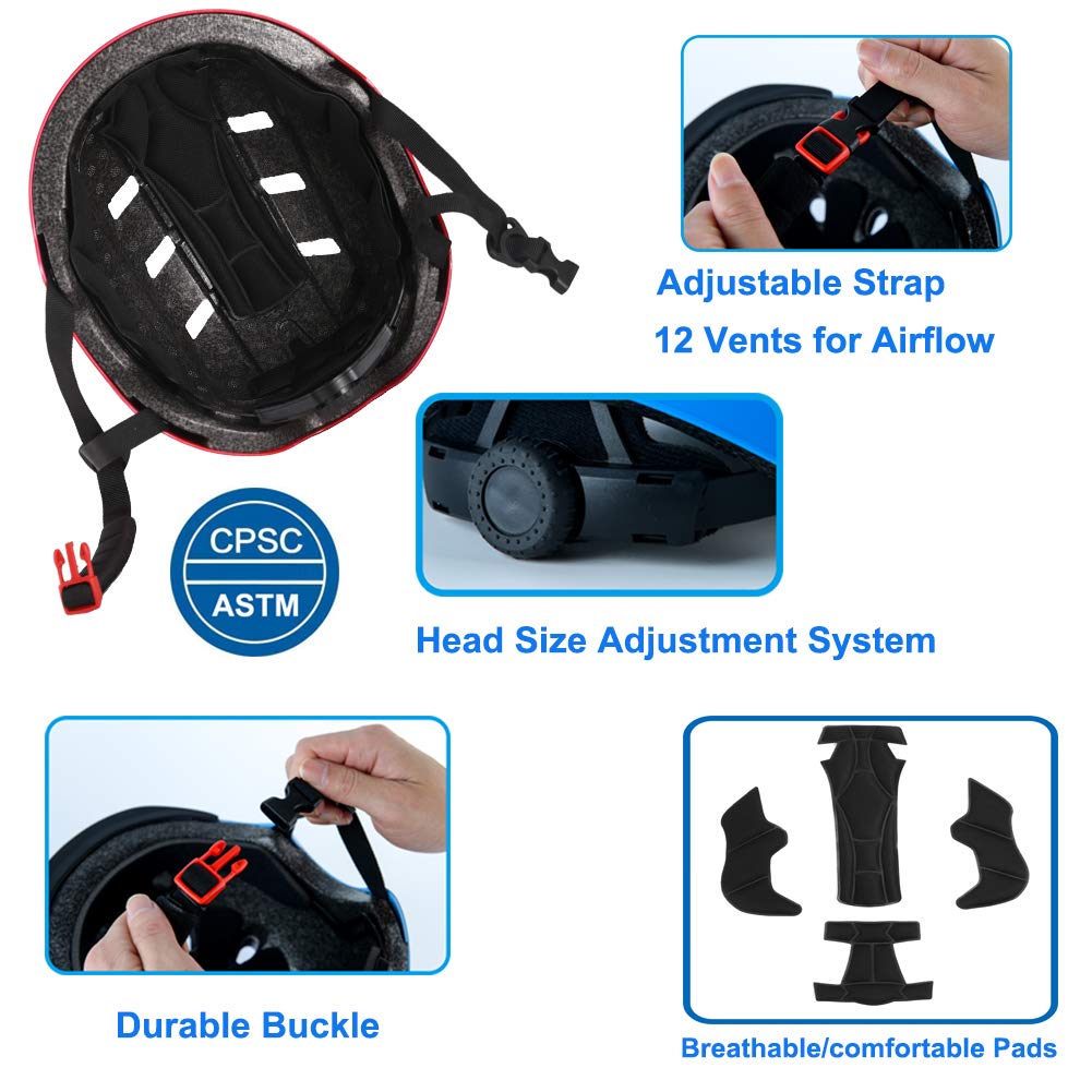 Bike Skateboard Helmet, Adjustable and Multi-Sport for Skate Scooter, 3 Sizes for Adult Youth Kids Toddler