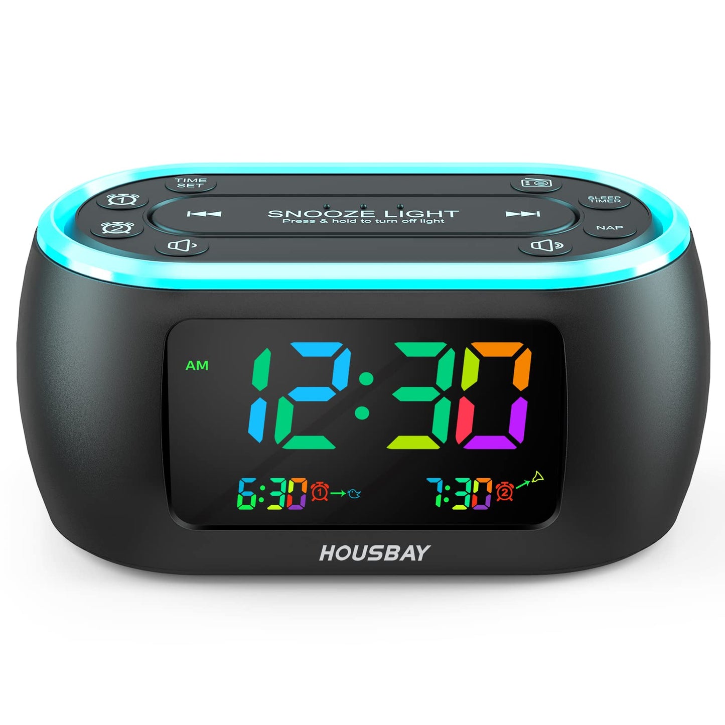 HOUSBAY Glow Small Alarm Clock Radio for Bedrooms with 7 Color Night Light, Dual Alarm, Dimmer, USB Charger, Battery Backup, Nap Timer, FM Radio with Auto-Off Timer for Bedside