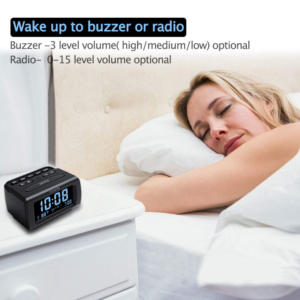 DreamSky Alarm Clock Radios for Bedrooms with Battery Backup, Large Big Numbers with Dimmer Wheel, USB Port, Bedside Digital FM Radio with Sleep Timer, Temperature, Adjustable Volume, Snooze