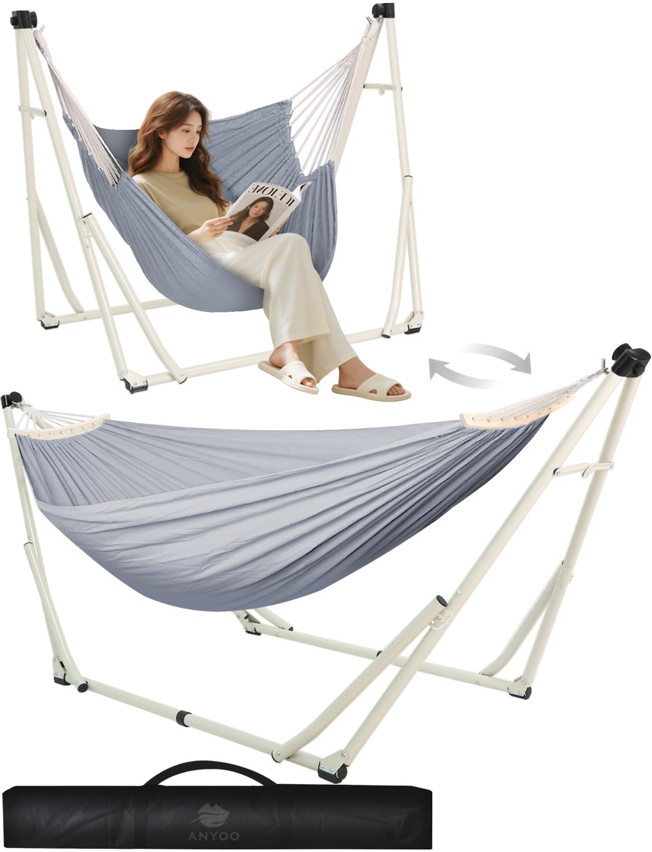 Anyoo 2 in 1 Hammock and Swinging Chair with Collapsible Steel Stand & Carrying Case,Portable & Adjustable,Easy Set Up for Outdoor,Indoor,Porch Swing,Patio,Garden,Camping Trip