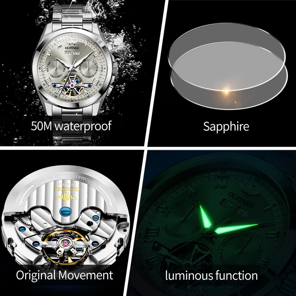 OUPINKE Men Skeleton Watch Automatic Mechanical Luxury Dress Waterproof Tourbillion Sapphire Crystal Wrist Watches for Men