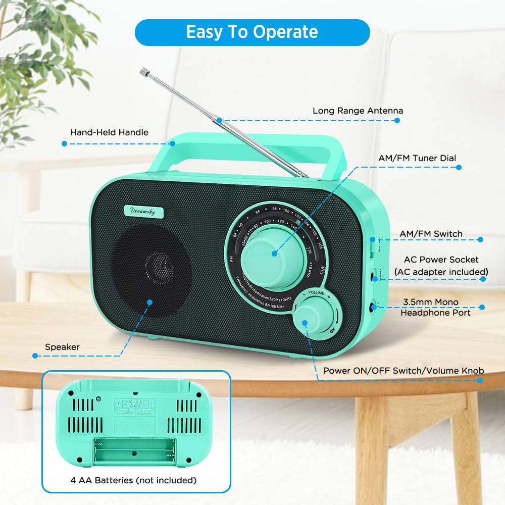 DreamSky AM FM Portable Radio Plug In Wall or Battery Operated for Home & Outdoor, Strong Reception & Sound, Large Dial Easy to Use, Transistor Antenna, Headphone Jack, Small Gifts for Seniors Elderly