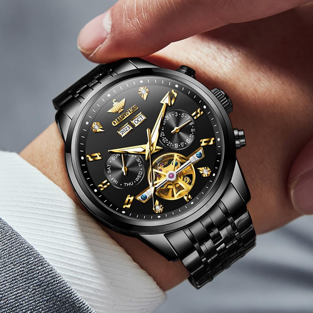 OUPINKE Men Skeleton Watch Automatic Mechanical Luxury Dress Waterproof Tourbillion Sapphire Crystal Wrist Watches for Men